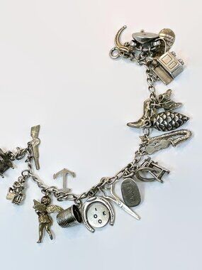 Vintage Charm Bracelet Sterling Silver 19 Charms, Multiple Charms, Angel, Horses